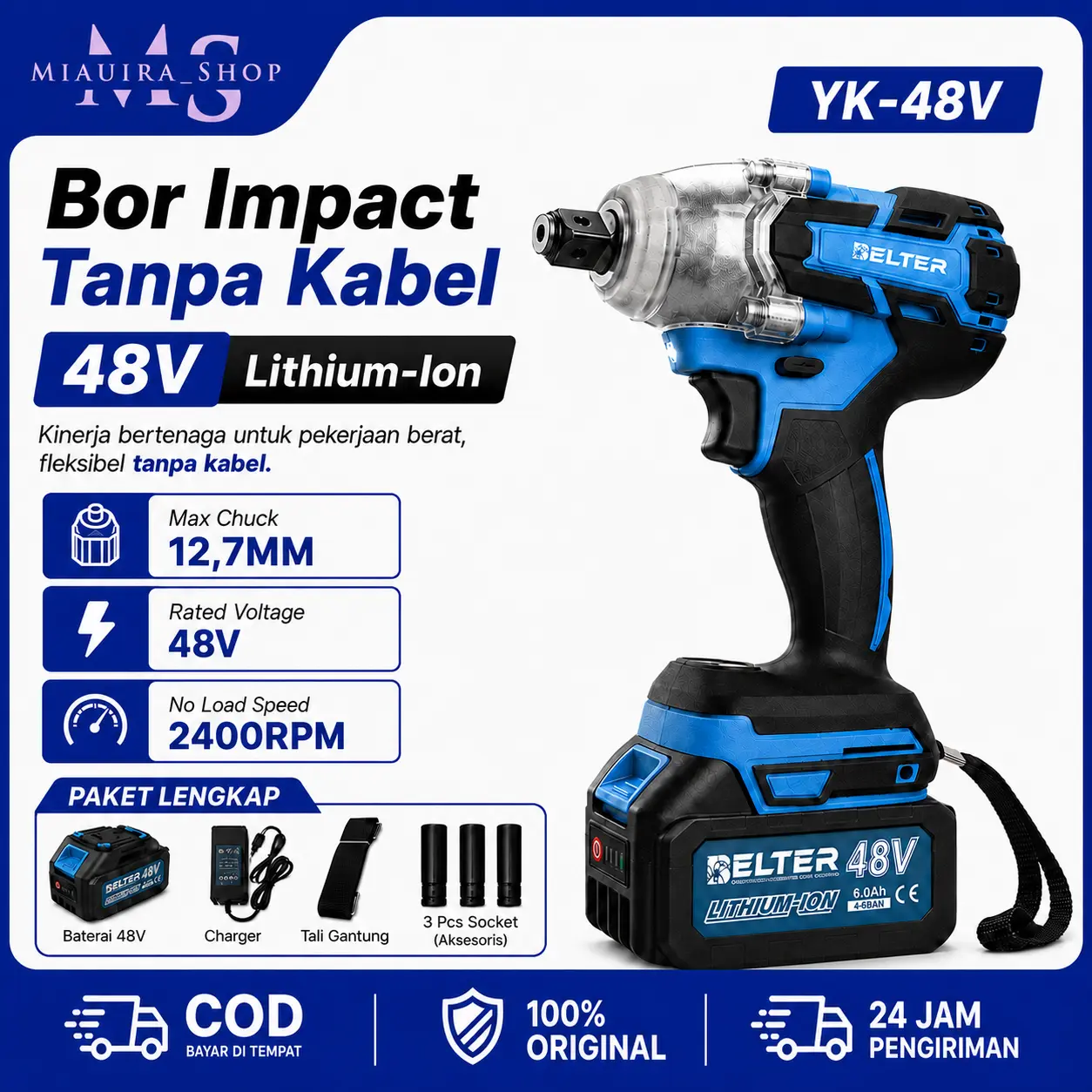 BELTER Impact Wrench 48V Cordless Bor Pembuka Baut Mesin Bor Baterai Lithium YK-48V 350Nm Kunci Socket 12.7mm Impact Driver Alat Bengkel Otomotif Mobil Motor Pembuka Mur Baut Set Lengkap 1 Baterai