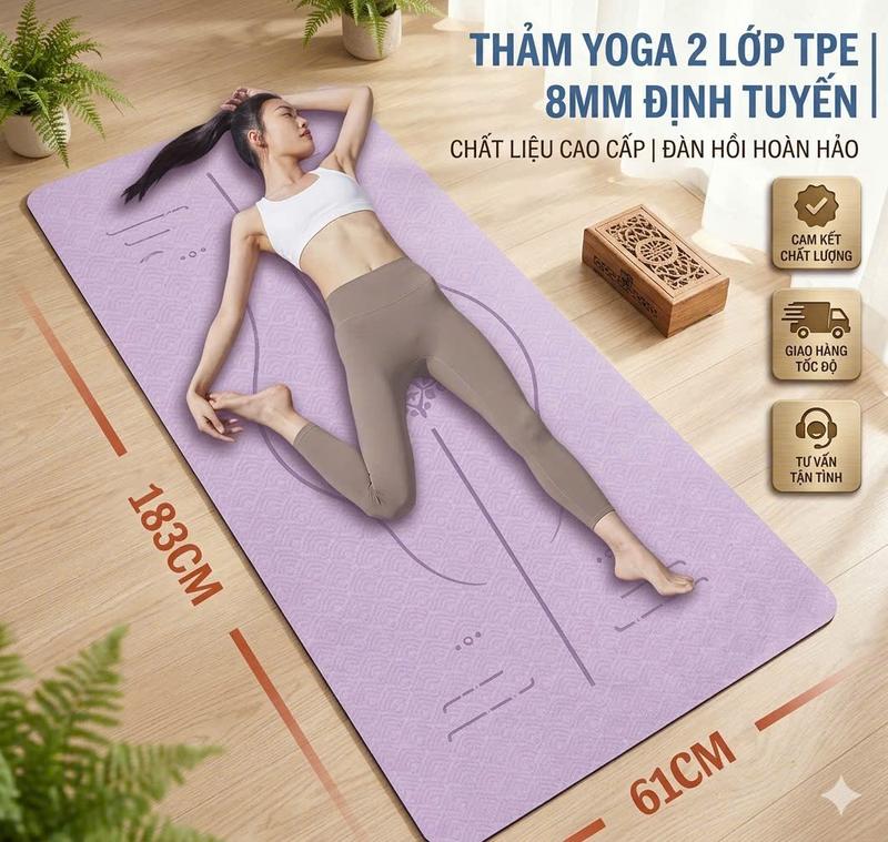 THẢM YOGA ĐỊNH TUYẾN 183cmx61 cmx8mm , 2 LỚP CAO CẤP CHỐNG TRƯỢT)