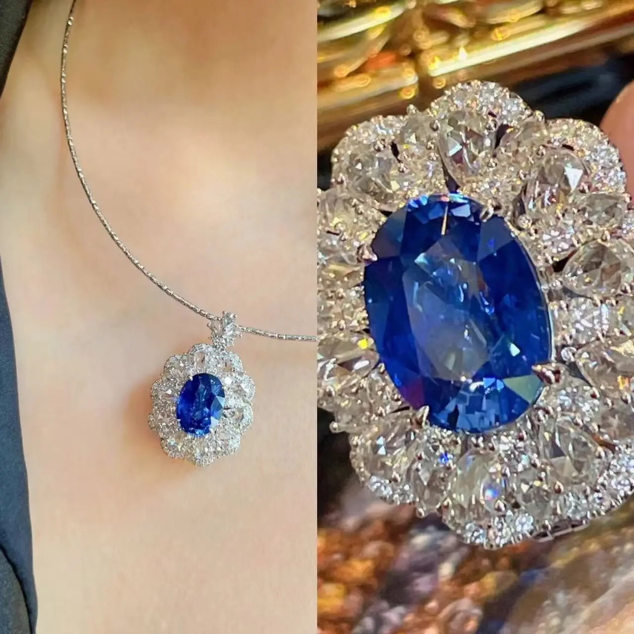 IS33B Kalung Cincin Safir Desain Ceruk Mewah Cahaya Permata Berwarna Terbuka Temperamen Serbaguna Bahan Safir Fitur Cahaya Permata Berwarna