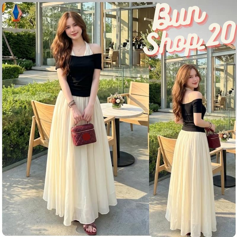 Set Đồ Nữ - Set Áo Trễ Vai Cổ Yếm Mix Váy Maxi Voan Tơ 2 Lớp Tôn Dáng Che Khuyết Điểm Bun Shop9720