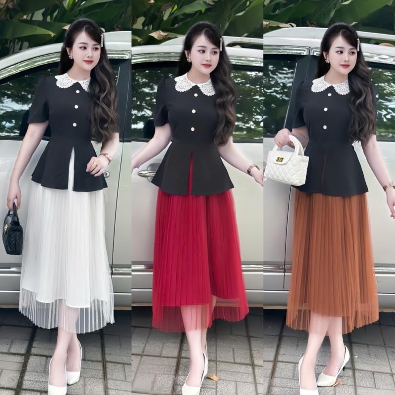 Set Áo Peplum Thiết Kế Tiểu Thư Cổ Ren Chất Liệu Cotton Lạnh Cao Cấp Mềm Mịn, Kèm Chân Váy Lưới Xòe Phù Hợp Đi Chơi Đi Tiệc Đi Làm Nhẹ Nhàng Kín Đáo Sang Trọng_ Mã N039