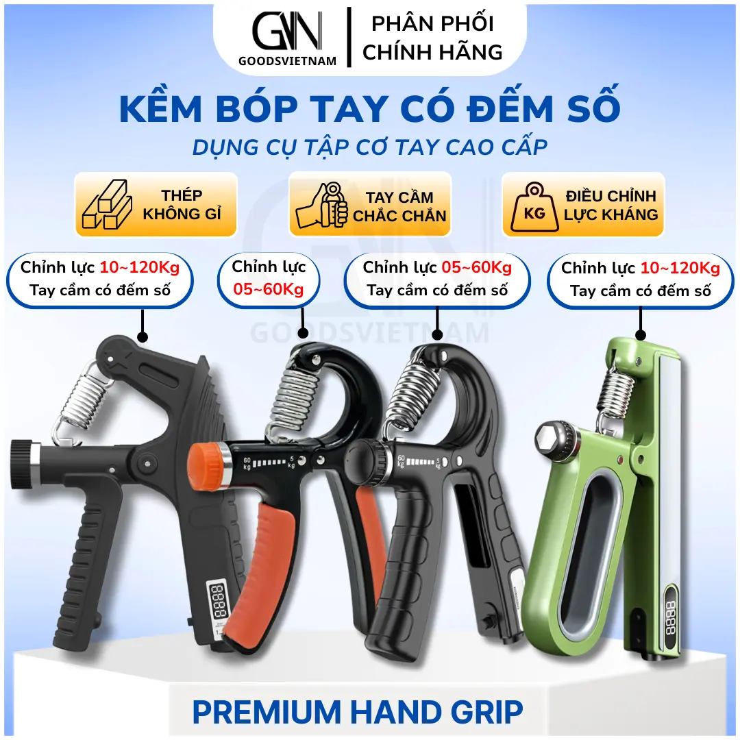 Kềm Bóp Tay, Kềm Tập Cơ Tay Có Đếm Số Tự Động, Điều Chỉnh Lực Từ 10~120Kg - Hand Grip GVN Sport