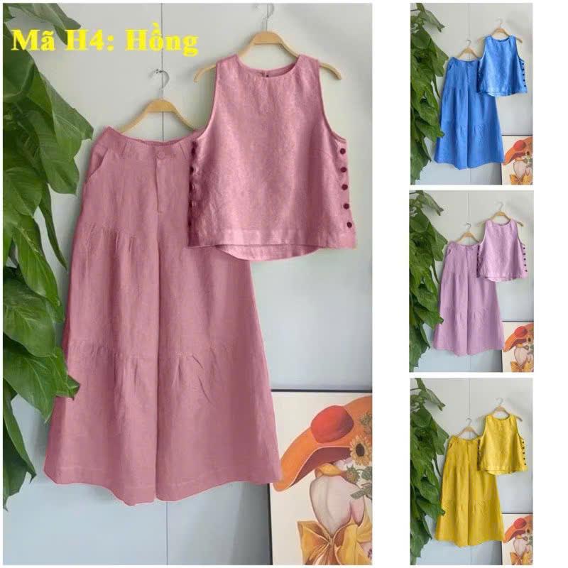 Bộ Đồ Đũi, Bộ Áo Xát Nách Nữ, Quần Ống Rộng, Cúc Kiểu, Sang Chảnh Mã H4