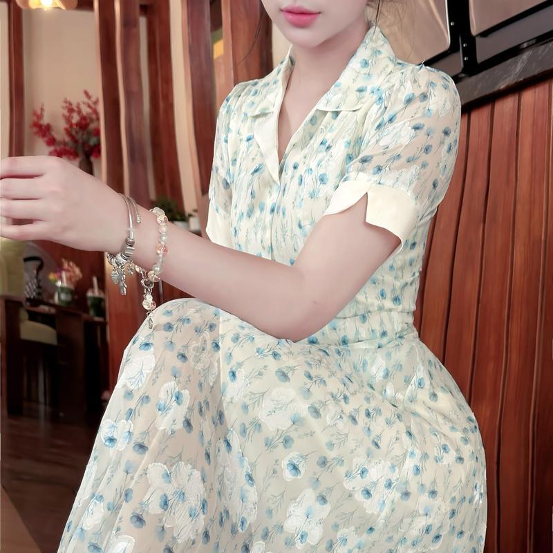 Đầm hoa nhí cổ vest đẹp dáng xòe nhẹ tay ngắn thanh lịch thiết kế cao cấp công sở đi làm đi chơi eo tôn dáng Lux W Fashion