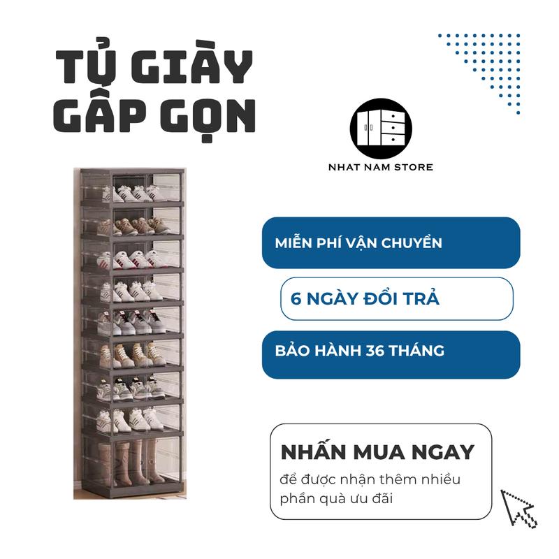 Tủ giày gấp gọn 18 đôi trong suốt màu đen có bánh xe - [Black 9102T-8-1G]