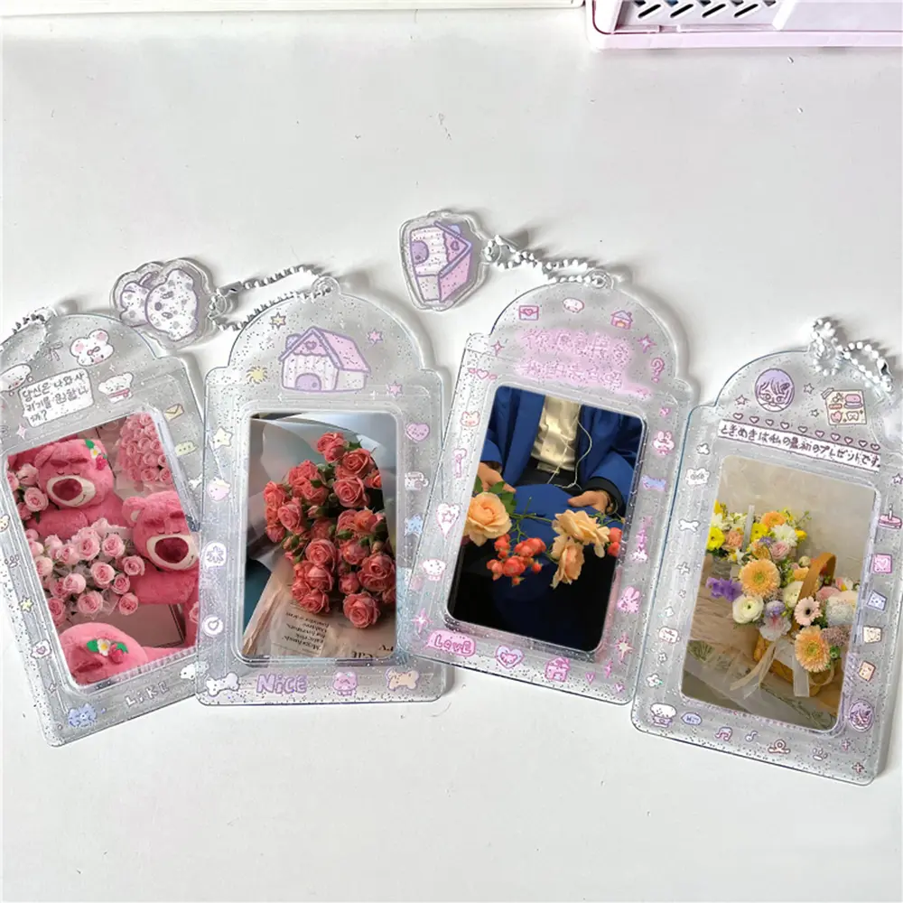 Photo Frame Glitter Card Holder With Chain INS Sweet Clear PVC Sleeves Bag Pendant