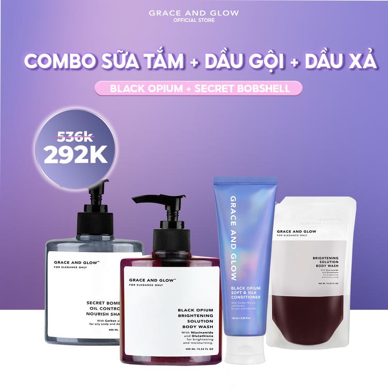Combo 4in1 Làm Sạch Cơ Thể Grace And Glow Sữa tắm Black Opium, Dầu Gội Secret Bomshell, Dầu Xả Black Opium Soft& Silk 400ml + 400ml + 400ml + 150ml