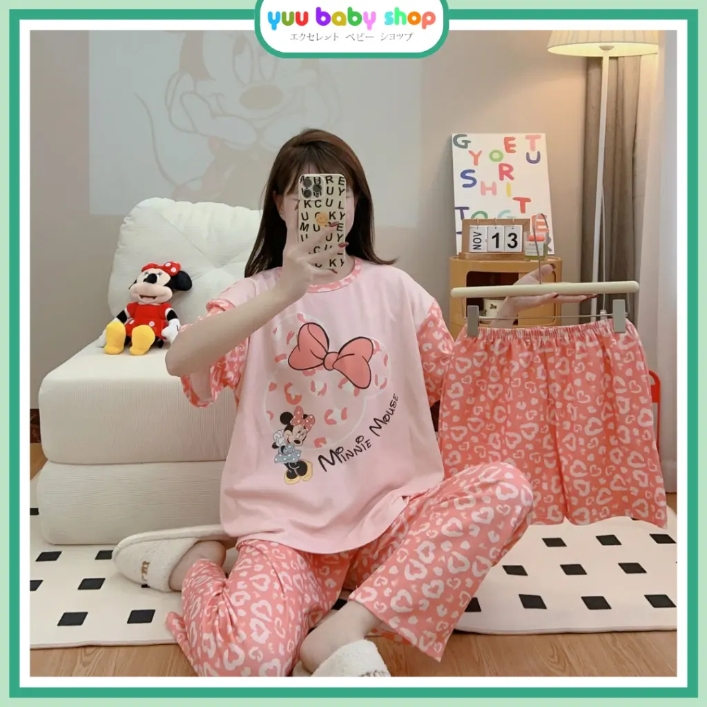 YBS.ID Baju tidur dewasa set 3 in 1 piyama perempuan remaja lembut bahan katun poliester adem serap keringat lengan pendek panjang celana panjang motif karakter animasi lucu kekinian terbaru cocok untuk harian santai jumbo murah free size PY005 PY014