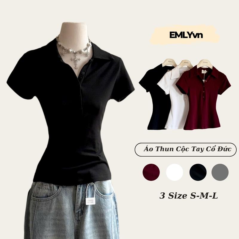 EMLYvn - Áo Thun Nữ Cộc Tay Cổ Đức Chất Áo Cotton Zip Ôm Body, Áo Polo Cộc Tay Nữ Dáng Ôm Cao Cấp