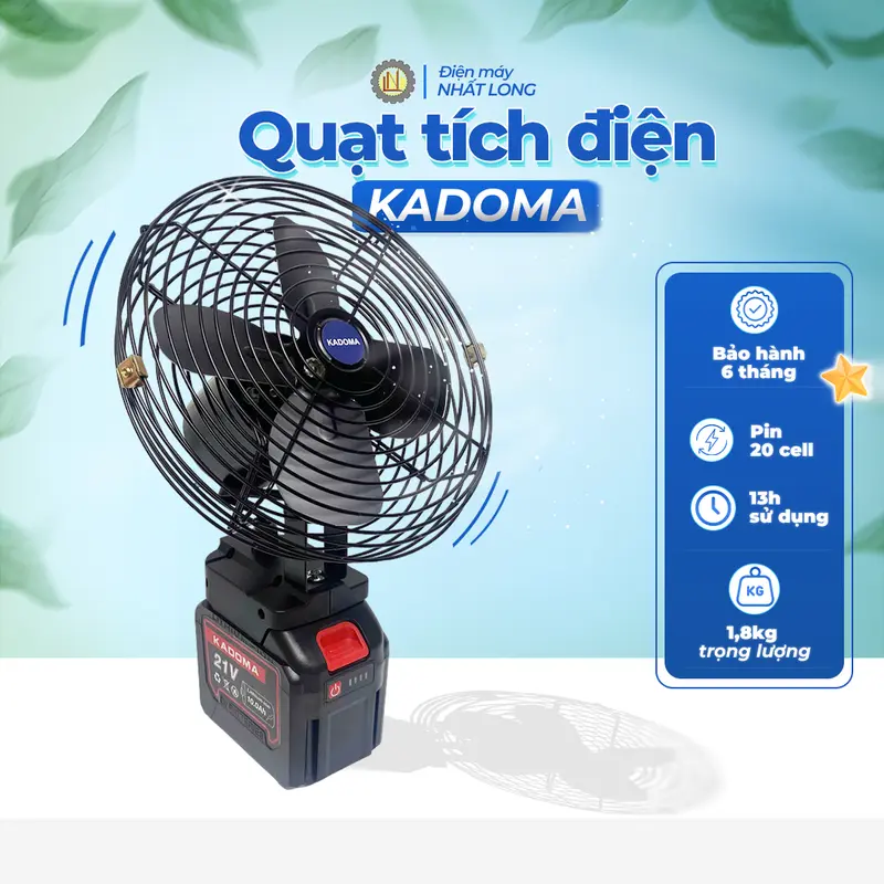 Quạt Tích Điện KADOMA 2 Cấp Độ Gió Kèm Pin 20 Cell Dùng Liên Tục 13H, Quạt Pin Makita Chân Pin Phổ Thông Để Bàn Gió Siêu Mát Tặng Sạc  tích  điện  cỡ   động quạt  sạc  tích  điện  hằng  du  mục 0