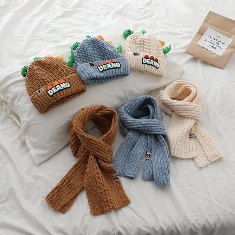 Product Introduction of 1-7Y 2Pcs Children Hat Scarf Set Cute Little Dinosaur Knitted Wool Cap Winter Warm Kids Neckerchief Boy Girl Baby Beanie 13