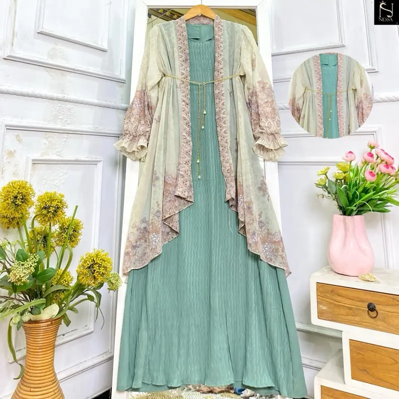 Mariposa set dress inner plisket premium tanpa lengan outer ceruty print lengan berfuring free belt mutiara Gamis Muslim