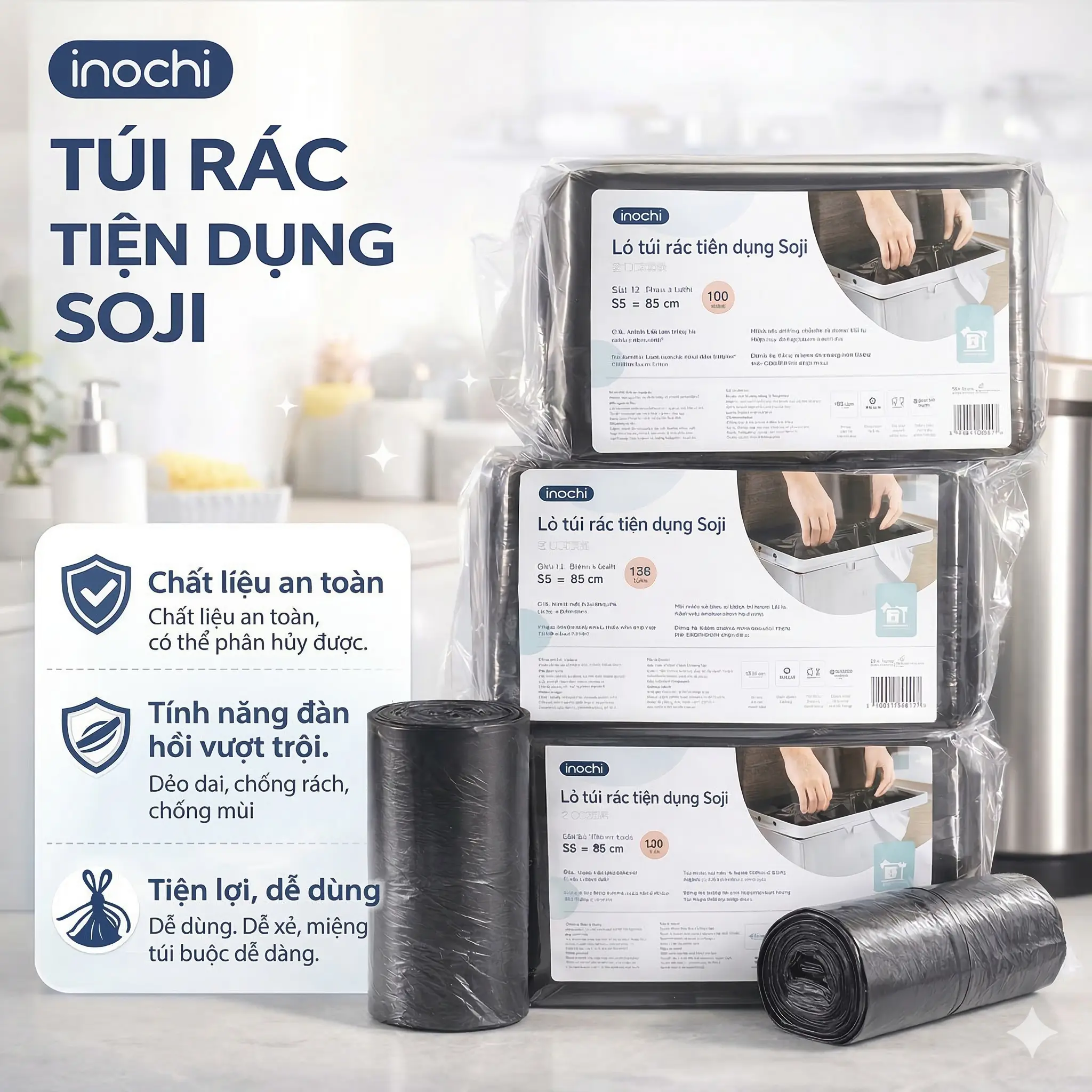 Túi Rác , Túi Đựng rác Tự Huỷ -sinh học Inochi Có Quai Tiện Dụng Dạng Cuộn Màu Đen Dài Hơn 20% Có thể phân hủy Kitchen