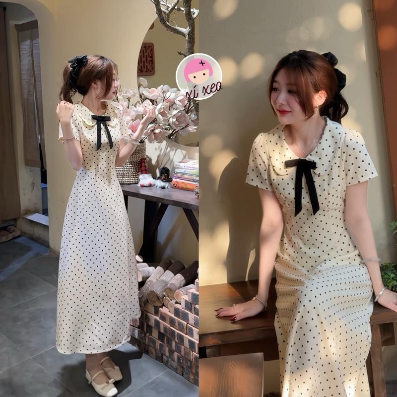 Váy chấm bi XIXEOSHOP cổ sen đính nơ họa tiết chiết eo nhẹ nhàng dáng xòe -…