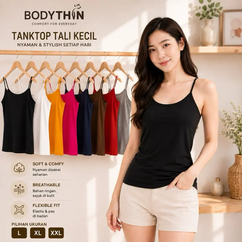 TANKTOP PREMIUM WANITA BODYTHIN / SINGLET PEREMPUAN TALI KECIL TANK TOP L - XL - XXL Hitam Putih Navy Pink Tebal Nyaman