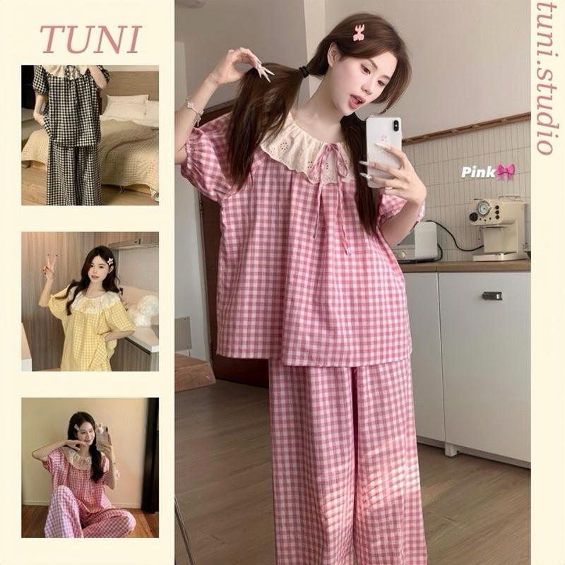 Bộ Đồ Ngủ Kẻ Caro Thắt Nơ Xinh Xắn Áo Tay Cộc Quần Dài Tuni.studio T09