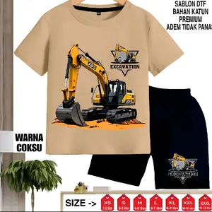 Baju Setelan Anak-Anak Excavator Lengan Pendek Kids Kaos Catton Soft 24s Fashion Celana - Motif