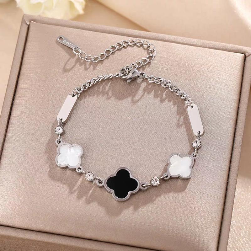 Gelang Titanium Wanita Daun Smanggi Hitam/Putih Anti Karat Tidak Luntur - Bracelets 5