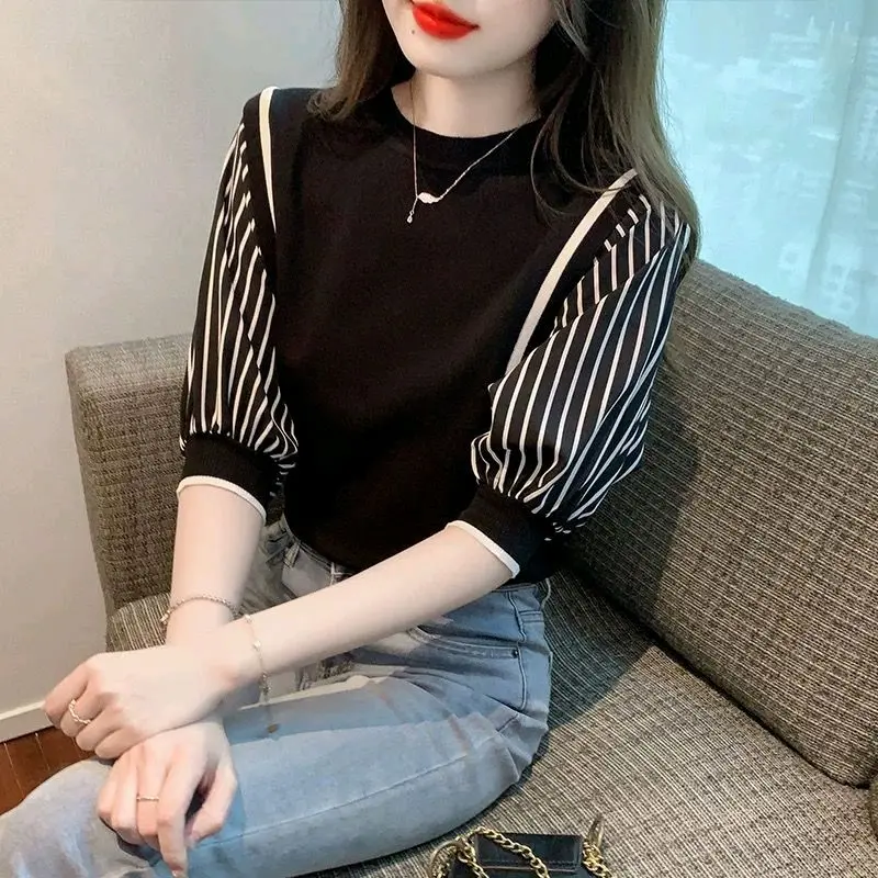 Atasan Rajut Wanita Batwing lengan pendek stripe 4885 Blouse knit