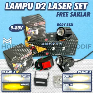 LAMPU TEMBAK MINI D2 LASERF  REE SAKLAR ON OFF LAMPU JAUH DEKAT HIGH LOW WATT PRO OUTPUT WATERPROOF ANTI AIR SUPER TERANG 2 LAMPU + BAUT BRACKET DUDUKAN KLEM SEPEDA MOTOR LAMPU MINI DRIVING SUPER BRIGHT LASER FOGLAMP