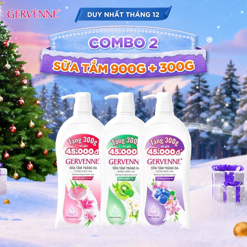 TĂNG 33% DUNG TÍCH COMBO 02 SỮA TẮM GERVENNE HƯƠNG DÂU TÂY BẠCH TUYẾT VÀ LILY HỒNG KIWI XANH VÀ BẠC HÀ VIỆT QUẤT VÀ HOA LAN NAM PHI 900G + 300G X2