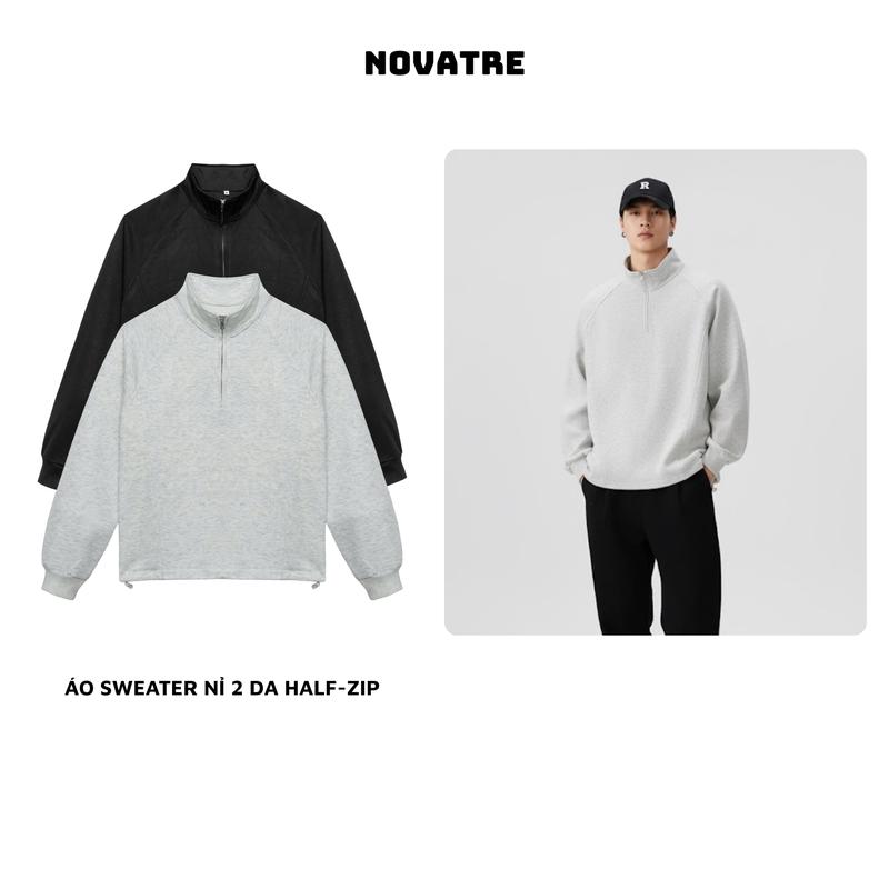  DEAL MỞ BÁN  Áo Sweater Half-Zip Vải Nỉ 2 Da Có Khóa Cổ form rộng Menswear Nam Dài Tay 