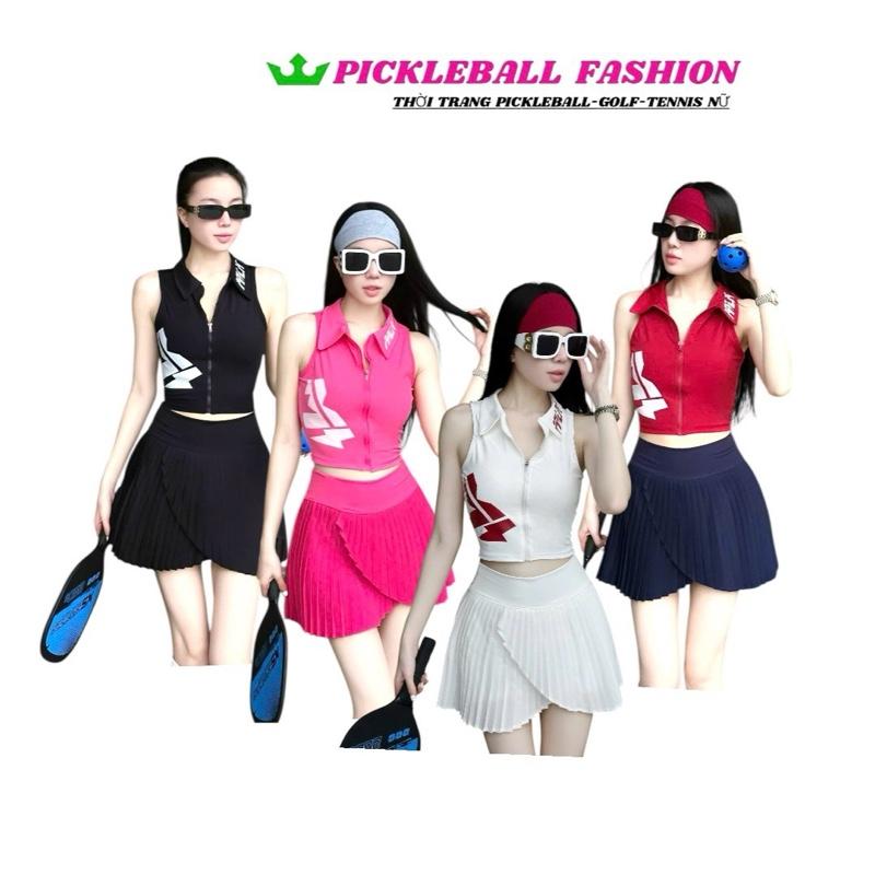 [PICKLEBALL] Set thể thao nữ Quảng Châu kết hợp áo bra khoá suốt MI với chân váy vạt bất đối xứng - golf, pickleball, tennis..