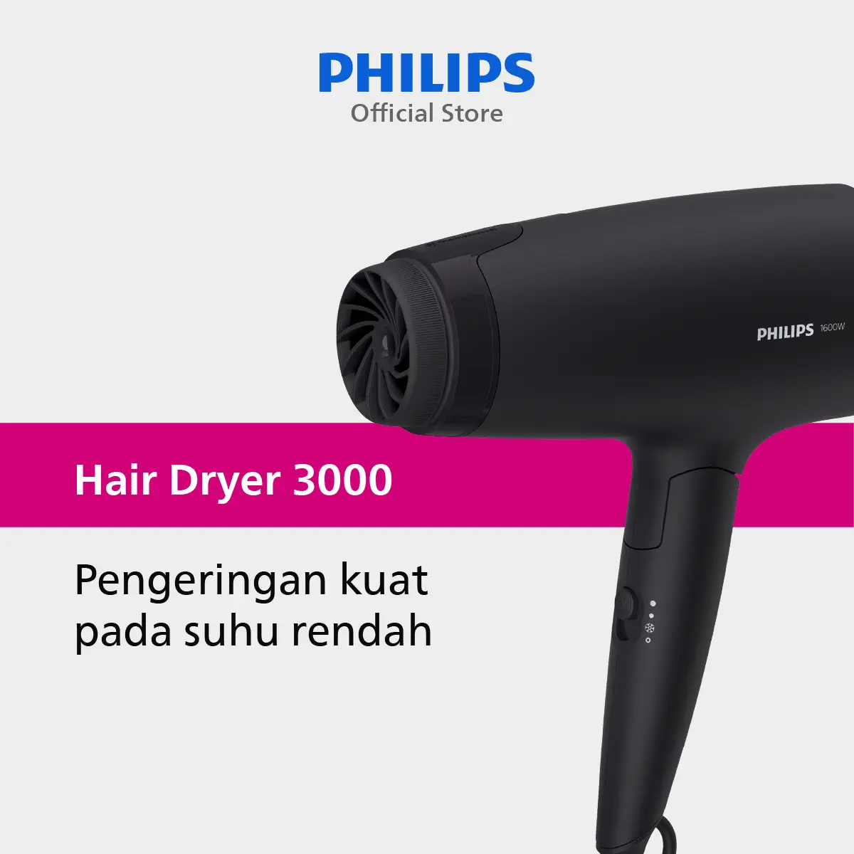 Philips | Hair Dryer 3000 | Pengering Rambut | Melindungi Rambut dengan ThermoProtect Teknologi | Hitam | BHD308/10