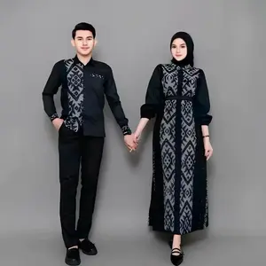 Rayat Tenun Set Couple Tenun New Padma Belvia Black Baju Kondangan Tenun Muslim Panjang Pasangan Sarimbit Keluarga Setelan Dress Gamis Wanita Hitam - Polos