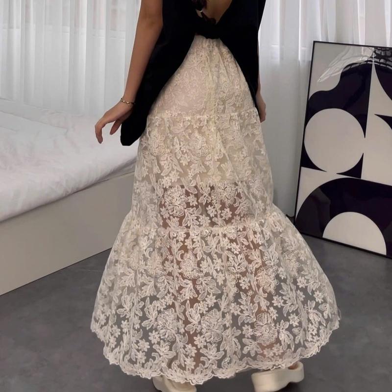 Chân váy ren hoa Milan’s vải QC 3 tầng cho mùa hè 2025 form dáng xoè rộng lưng chun, chân váy maxi xinh, mặc đi tiệc