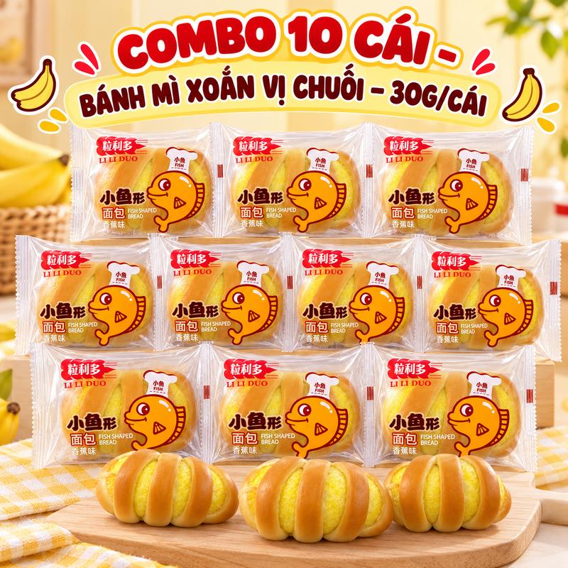 Combo 10 Cái Bánh Mì Xoắn Vị Chuối 30g/Cái – Bánh Mềm Xốp, Thơm Vị Chuối, Ăn Sáng, Ăn Vặt Tiện Lợi