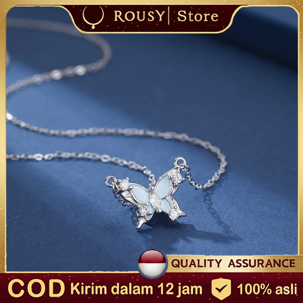 Kalung Wanita S925 Perak Asli Liontin Kupu-Kupu Bercahaya, Gaya Korea Manis & Elegan