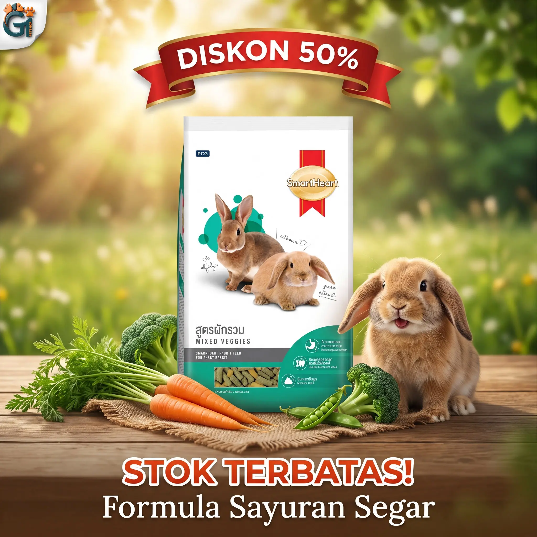 SmartHeart Makanan Dewasa Kelinci 1 Kg Mixed Veggies Premium Kaya Sayuran & Sereal Dengan Biotin Vitamin C Beta-Karoten untuk Kesehatan Optimal dan Pertumbuhan Sehat