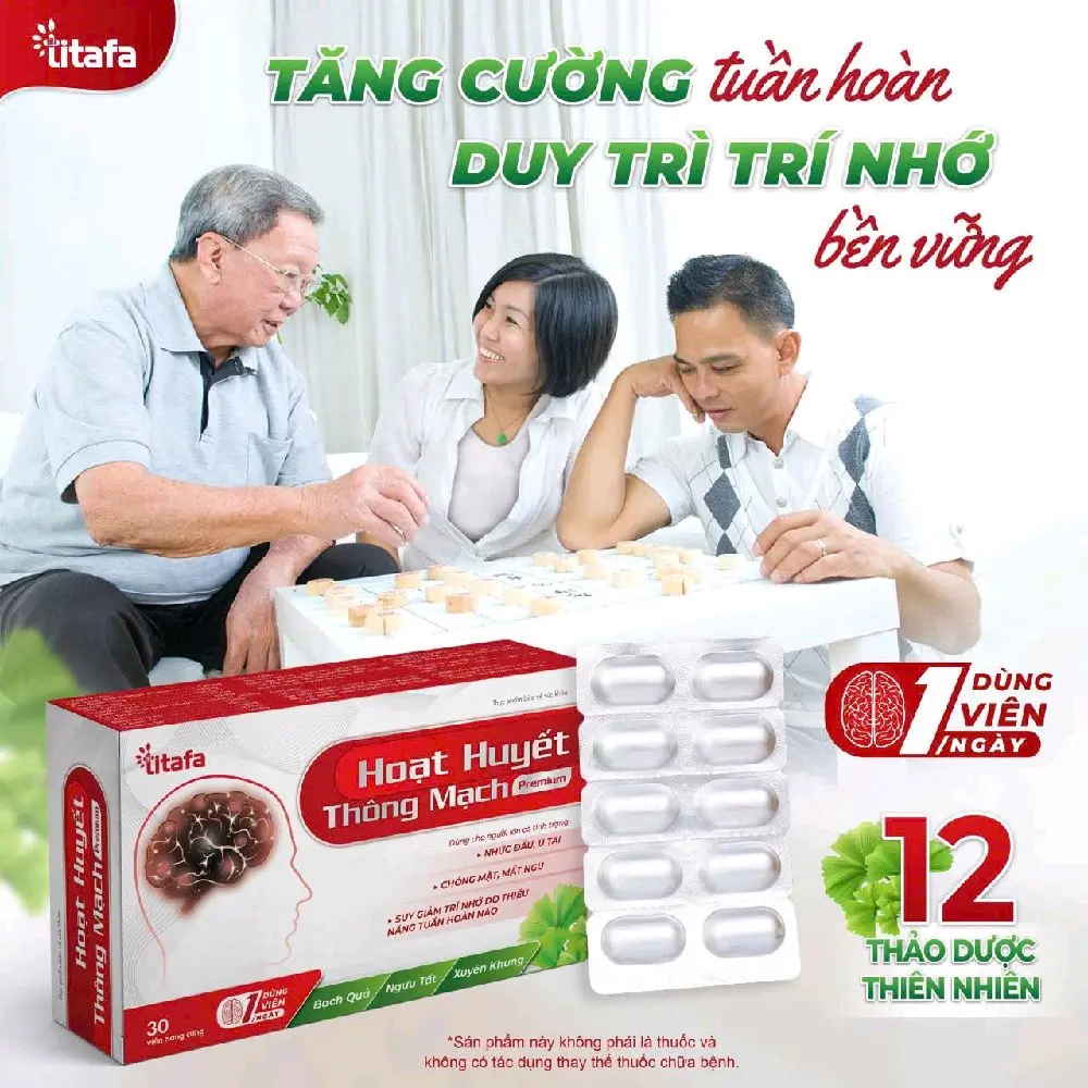 Mỗi ngày 1 viên hỗ trợ tăng cường tuần hoàn duy trì trí nhớ cho người lớn tuổi. Hoạt huyết thông mạch của Titafa . Hộp 30 viên