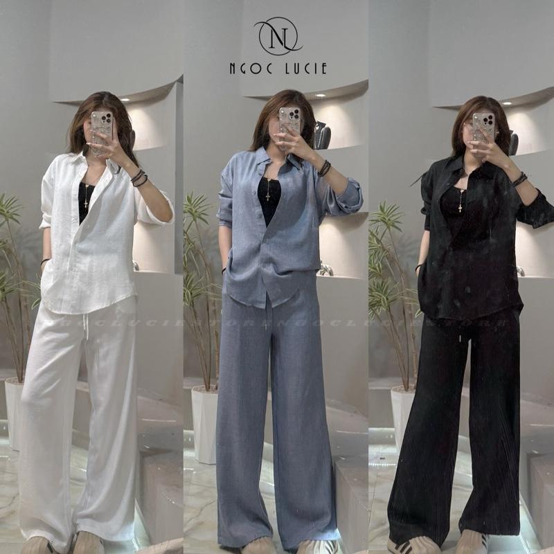 H08 - Set Áo Sơ Mi + Quần Suông Vải Linen Xước Đơn Giản, Thanh Lịch Đi Làm, Đi Chơi,... - Ngọc Lucie