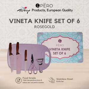 [KOKO PANCI PO 30 HARI] Pero Premium Vineta Knife Set of 6 with Cutting Board / Pisau Set Isi 6pcs dengan Talenan Kayu Lapisan Pisau Anti Lengket
