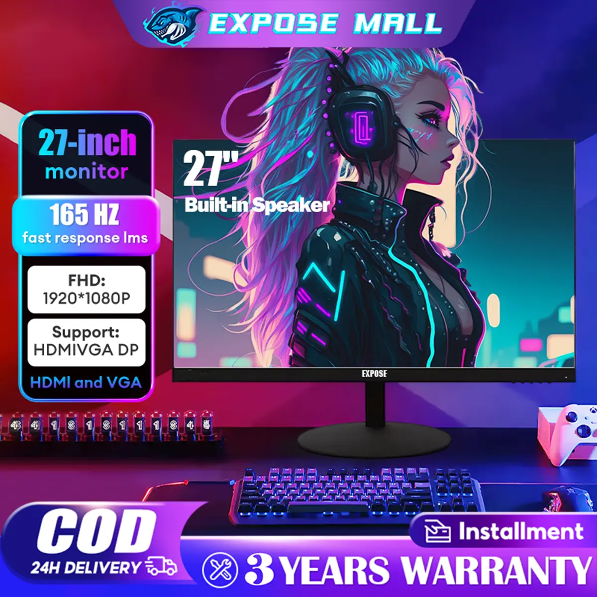 EXPOSE Monitor Gaming IPS 1K 165HZ(24"/27") built-in Speaker 24/27 inch Gaming Monitor HDMl LcdMonitor Monitor PC Gaming monitor Flat PC 75HzHome and Office Computer speaker Full HD 24-27Inch