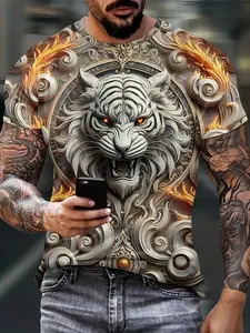 kaos tie dye DIY kaos muslim modest kaos best seller lokal Harimau Putih Dengan Api Membara Dan Desain Logam Berhias Pada Latar Belakang yang Detail kaos street style kaos retro 90s