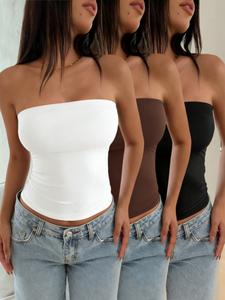 Top sin tirantes para mujer de color sólido, diseño minimalista para uso diario, disponible en varios colores, moda casual de verano