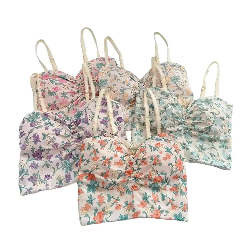 Comfitstore Und334 Tanktop Pantai Wanita Motif Bunga Bagian Dada Kerut Jiso Lembut Nyaman Busa Panjang Pink Kotak Pita 0