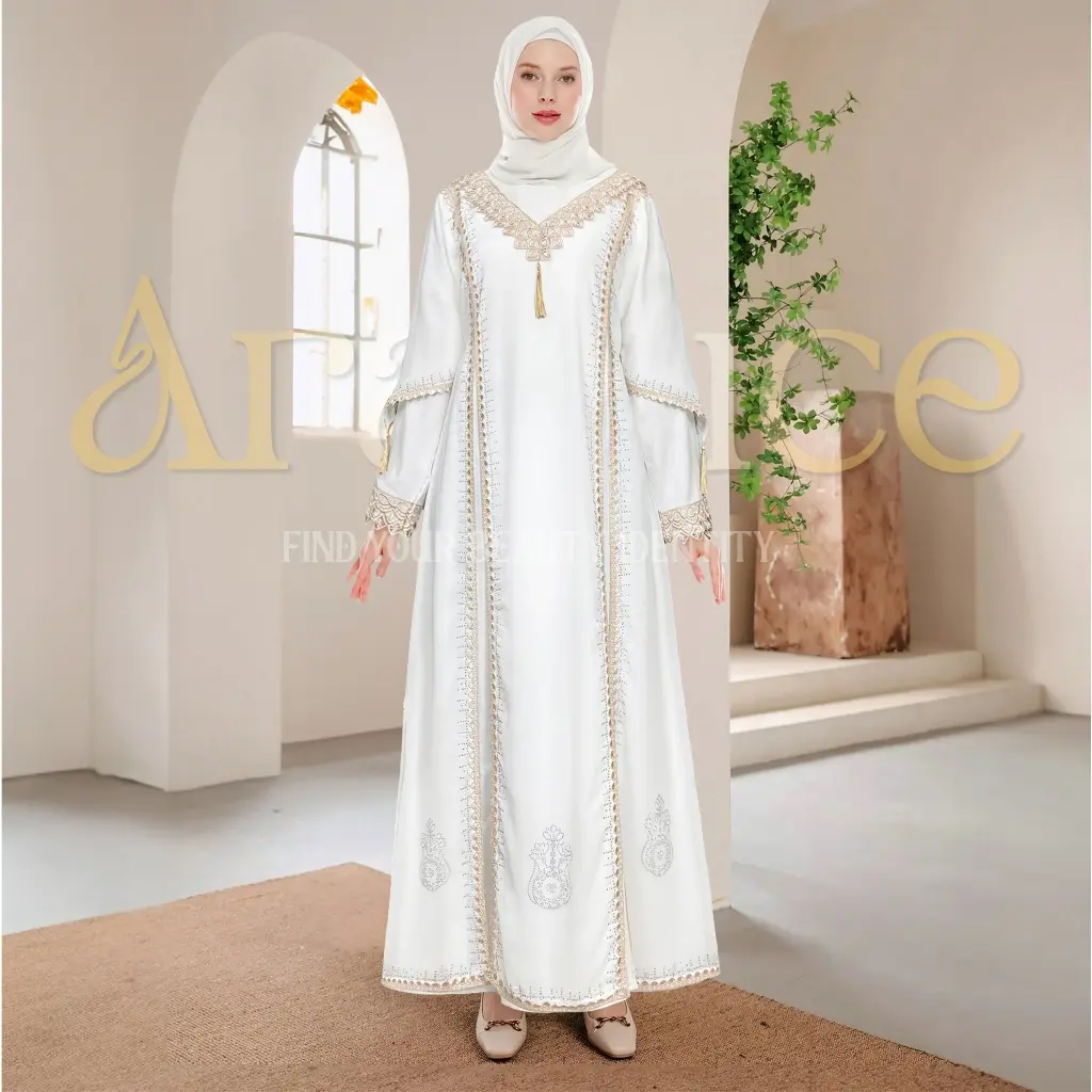 ARALLUCE • Baju gamis putih wanita kekinian - Dress abaya warna putih terbaru mewah dan elegan Muslim Kaftan Umroh