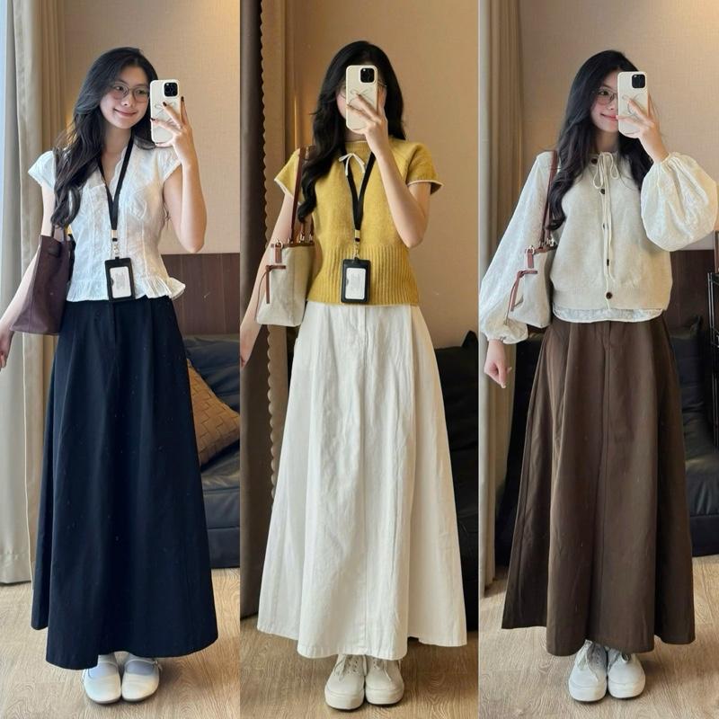 ẢNH OLDSCHOOL Chân váy kaki thô basic dáng dài xếp ly vintage CV5169
