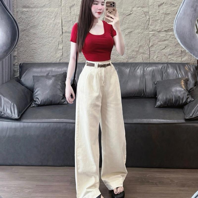  Set bộ áo babytee cổ vuông đỏ mix quần xuống ống rộng trắng   mẫu mới 2025  