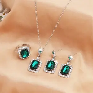 Emerald silver 3-piece women's pendant necklace, earrings, ring jewelry set, fashionable and versatile high-end design jewelry