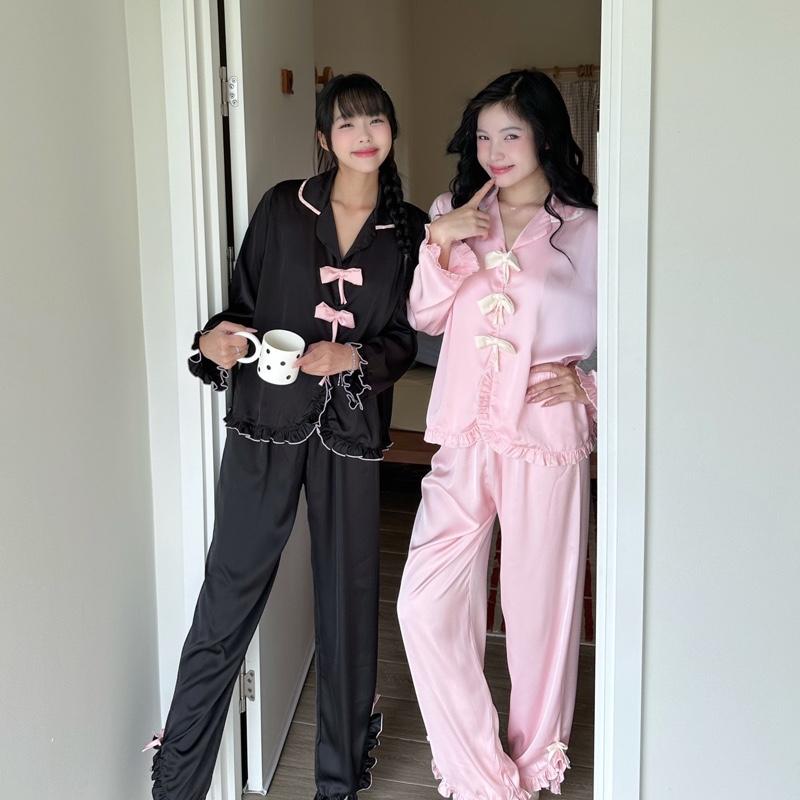  Maisleepwear Bộ Pijama Tay Dài Quần Dài 3 Nơ Lụa Mặc Nhà MS1269 