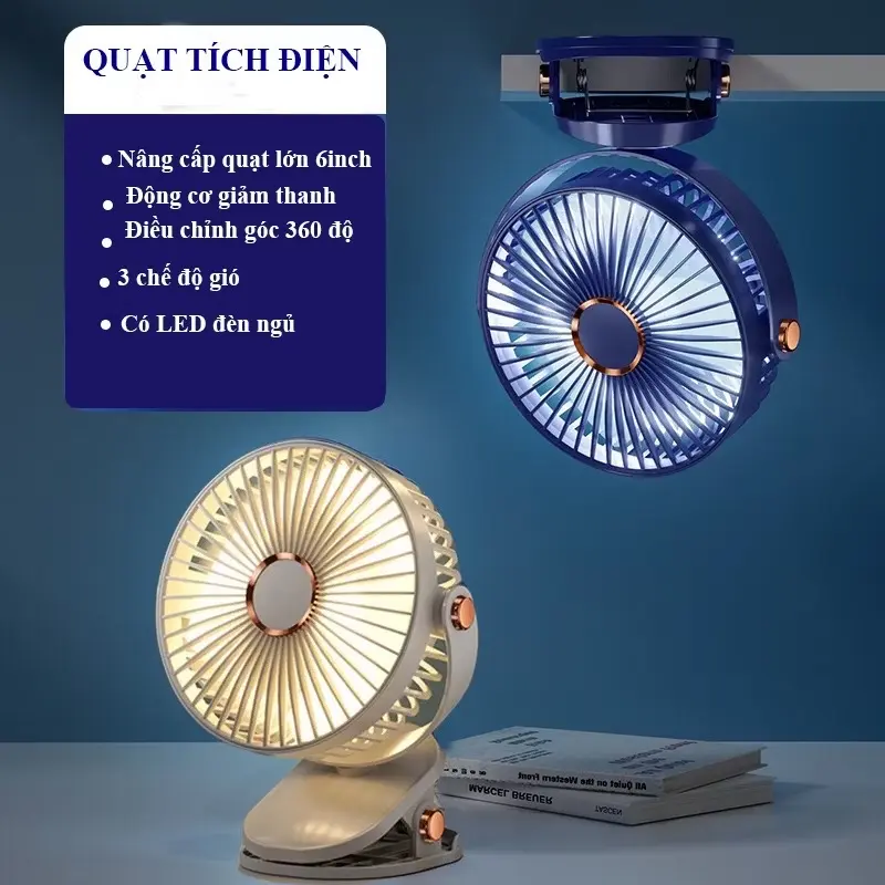 Quạt tích điện kẹp bàn mini để bàn 5 mức độ có đèn led