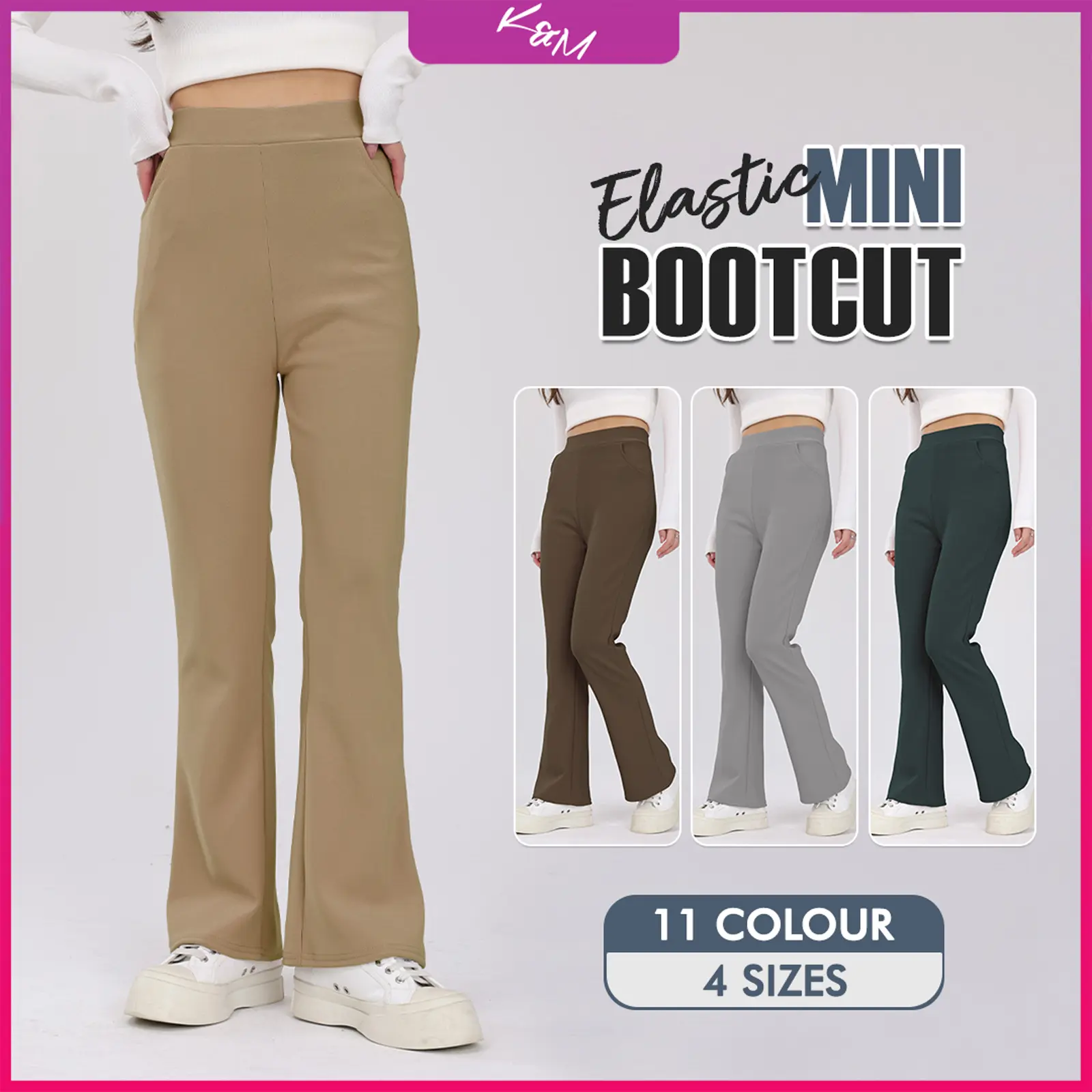 KM Women High Waist Elastic Cotton Bamboo Mini Bootcut Casual Pants [P4404]