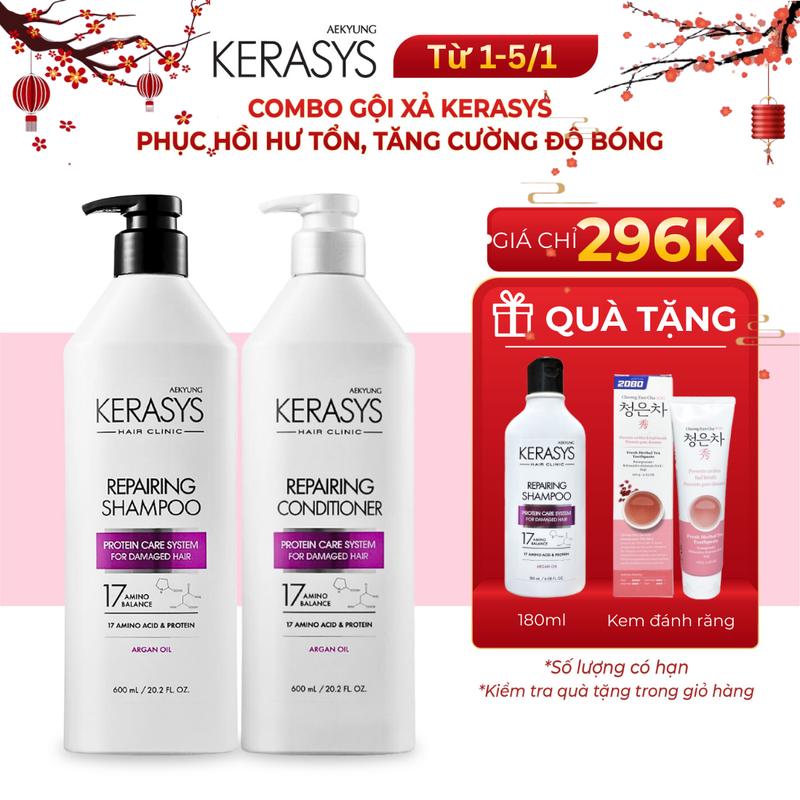 Cặp dầu gội xả Kerasys Repairing Hàn Quốc dành cho tóc khô xơ chẻ ngọn tóc hư tổn và phục hồi độ bóng chống tia UV 600ml