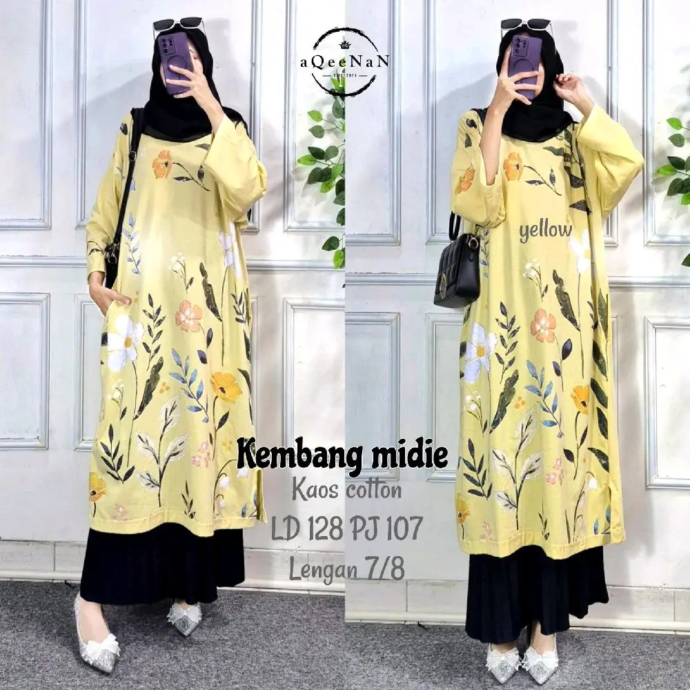 KAOS MIDI KEMBANG bahan kaos cotton Ld.128  cm Pj.107cm lengan 7/8 Wanita Panjang Nyaman Simple Santai Tunik