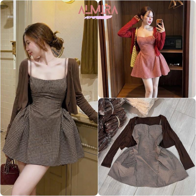 Sét Váy 2 Dây Kẻ Nhỏ Có Đệm Màu Nâu Kèm Áo Khoác Cardigan Almira
